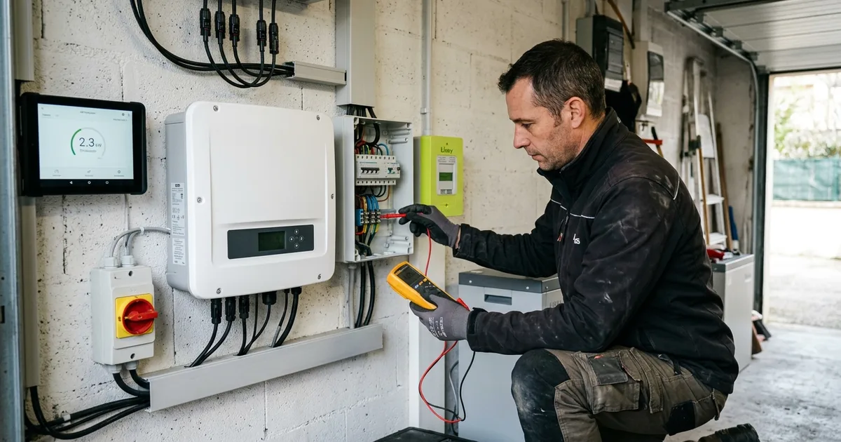 Toiture pavillonnaire équipée de panneaux photovoltaïques monocristallins à Montpellier avec onduleur hybride, compteur Linky et coffret de protection électrique pour l'autoconsommation solaire dans l'Hérault. Toiture pavillonnaire équipée de panneaux photovoltaïques monocristallins à Montpellier avec onduleur hybride, compteur Linky et coffret de protection électrique pour l'autoconsommation solaire dans l'Hérault.