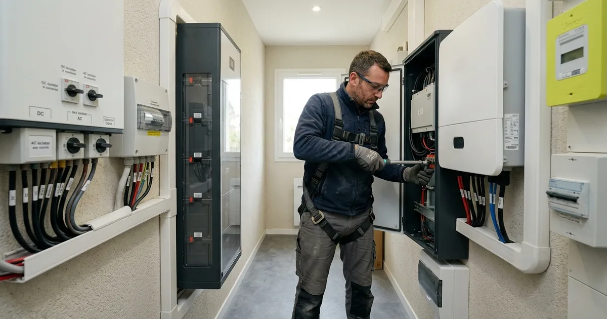 Batterie de stockage solaire lithium LFP installée dans un garage à Montpellier avec panneaux photovoltaïques en toiture, système d'autoconsommation en Hérault (34). Batterie de stockage solaire lithium LFP installée dans un garage à Montpellier avec panneaux photovoltaïques en toiture, système d'autoconsommation en Hérault (34).