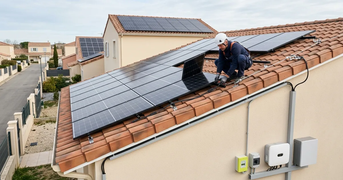 Installateur RGE posant des panneaux photovoltaïques sur le toit en tuiles canal d'une maison individuelle à Montpellier, sous un ciel ensoleillé de l'Hérault. Installateur RGE posant des panneaux photovoltaïques sur le toit en tuiles canal d'une maison individuelle à Montpellier, sous un ciel ensoleillé de l'Hérault.